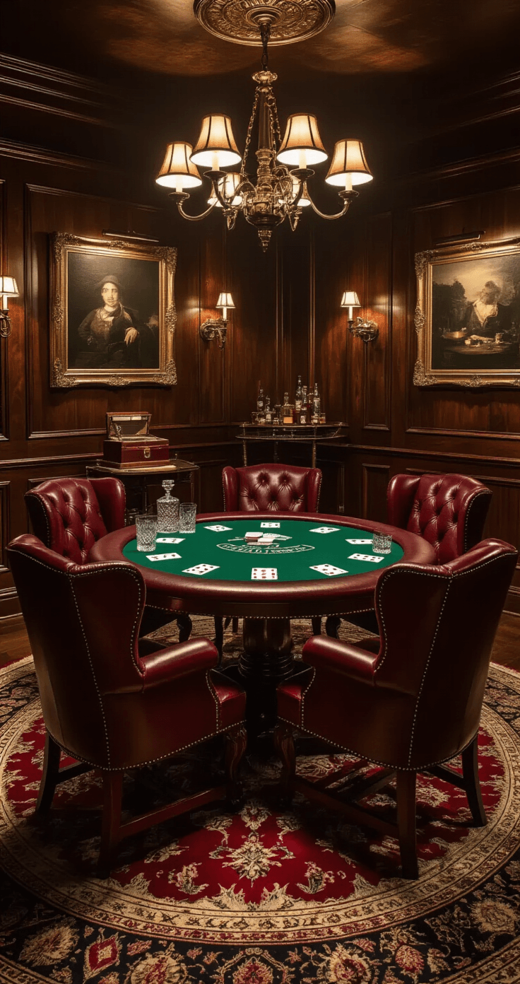 A vintage speakeasy-inspired room featuring a round mahogany poker table with green felt, surrounded by burgundy leather wingback chairs. The scene is illuminated by dramatic low lighting and focused spotlights, showcasing crystal whiskey decanters and card decks on the table. Rich mahogany paneling and ornate oil paintings adorn the walls, while a Persian carpet lies underneath. An antique brass chandelier provides task lighting, creating a luxurious and atmospheric setting with deep shadows and golden highlights.