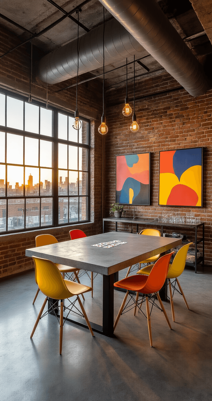 Contemporary loft space during sunset showcasing industrial design elements, including a concrete dining table under exposed ductwork and brick walls, surrounded by bright modern chairs and casual playing cards, with large factory windows allowing golden hour light onto polished concrete floors and colorful abstract art on the walls.