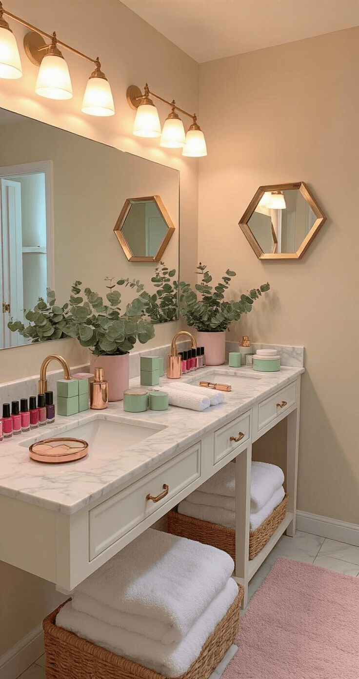 Bright and airy bathroom and bedroom suite at 7PM, featuring DIY spa stations with colorful nail polish bottles, face mask containers, and rose gold beauty tools on white marble countertops. Plush white Turkish towels and potted eucalyptus plants complement the soft pink and cream palette, while geometric mirrors reflect warm LED lighting, creating a luxurious yet playful ambiance.
