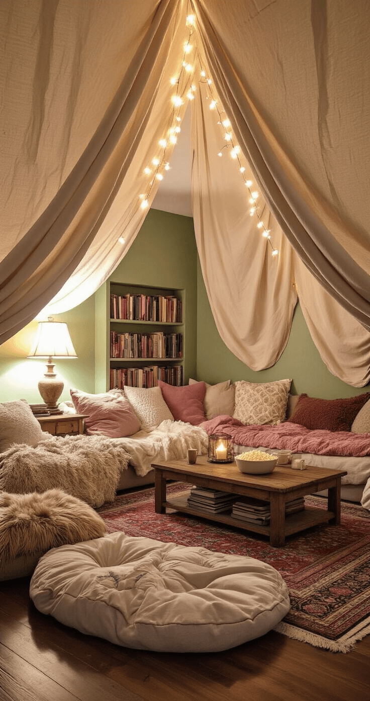 Cozy living room transformed into a blanket fort at night, featuring draped cream and dusty rose sheets, oversized velvet floor cushions, string lights, vintage quilts, and warm lamplight, all set against dark hardwood floors and sage green walls.