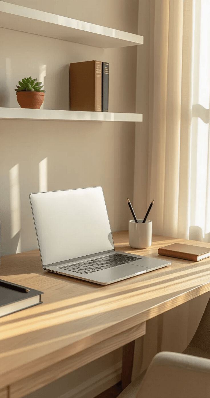A pristine home office desk featuring a clear natural oak surface with a silver laptop, a matte black pen in a white ceramic holder, and a small leather notebook, bathed in soft golden hour light filtering through sheer curtains, with floating white shelves above displaying books and a jade succulent in a terracotta pot, all set against a neutral palette.