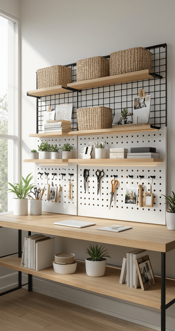 A modern workspace with a large black wire grid panel above a desk, featuring woven baskets, inspiration photos, and scissors; a white pegboard showing wooden hooks with minimal supplies; oak floating shelves holding books and small potted plants; and a clean desk surface styled with grouped items, all illuminated by natural light and warm LED strips.