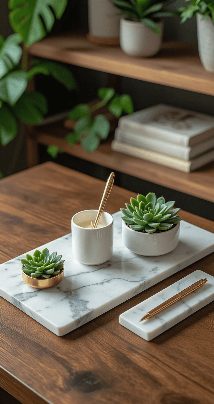 Elegant desk arrangement featuring a rectangular Carrara marble tray with gray veining, a white ceramic pen cup, a small brass succulent planter, and an unlit pillar candle, set against a rich walnut desktop. Soft natural lighting enhances textures and creates subtle shadows, with blurred floating shelves of organized books and plants in the background. The color palette includes warm wood tones, cool marble whites and grays, brass accents, and deep green foliage.