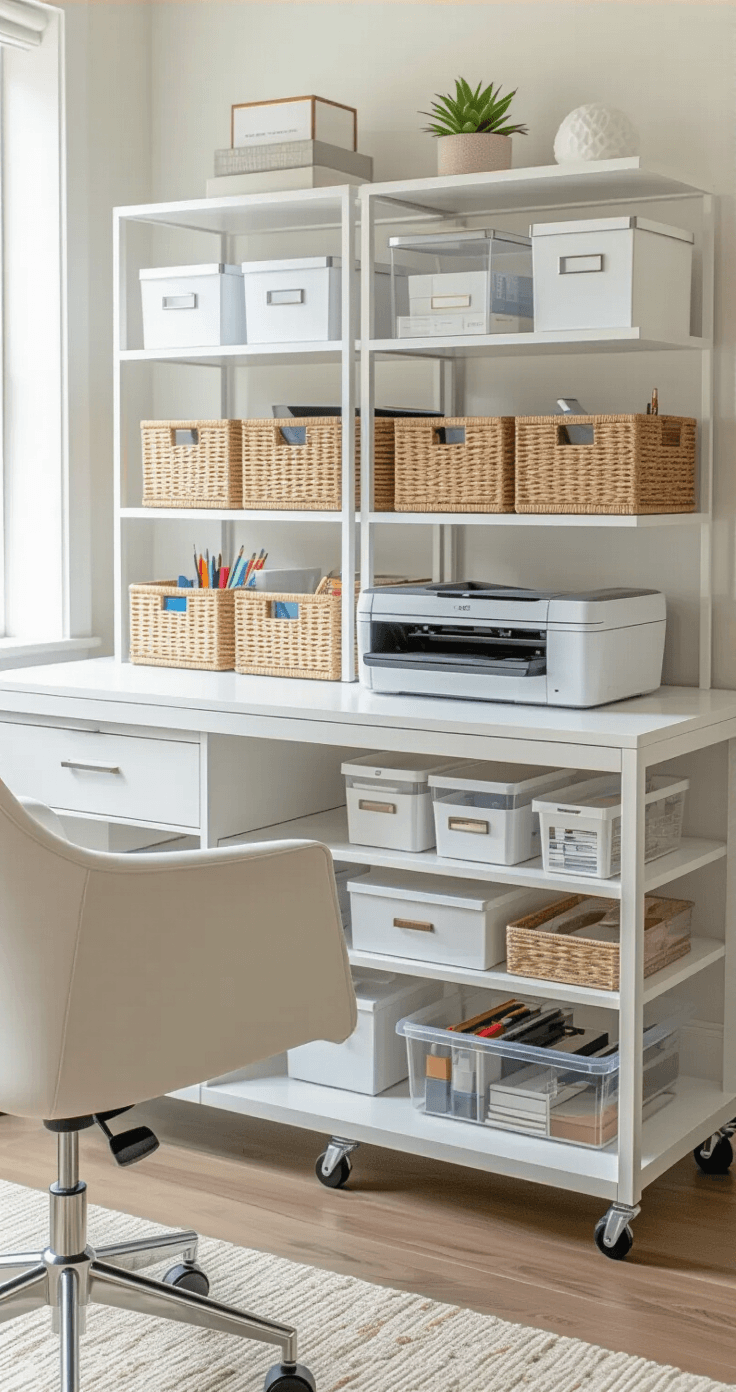 A wide-angle view from a seated perspective of a modern minimalist office storage area, featuring a sleek white credenza against the wall filled with organized baskets and labeled boxes, alongside a three-tier rolling cart displaying a printer and art supplies. Bright natural and overhead lighting illuminate the clean lines and organized systems, showcasing a cohesive aesthetic with white, natural wood, and clear acrylic materials.