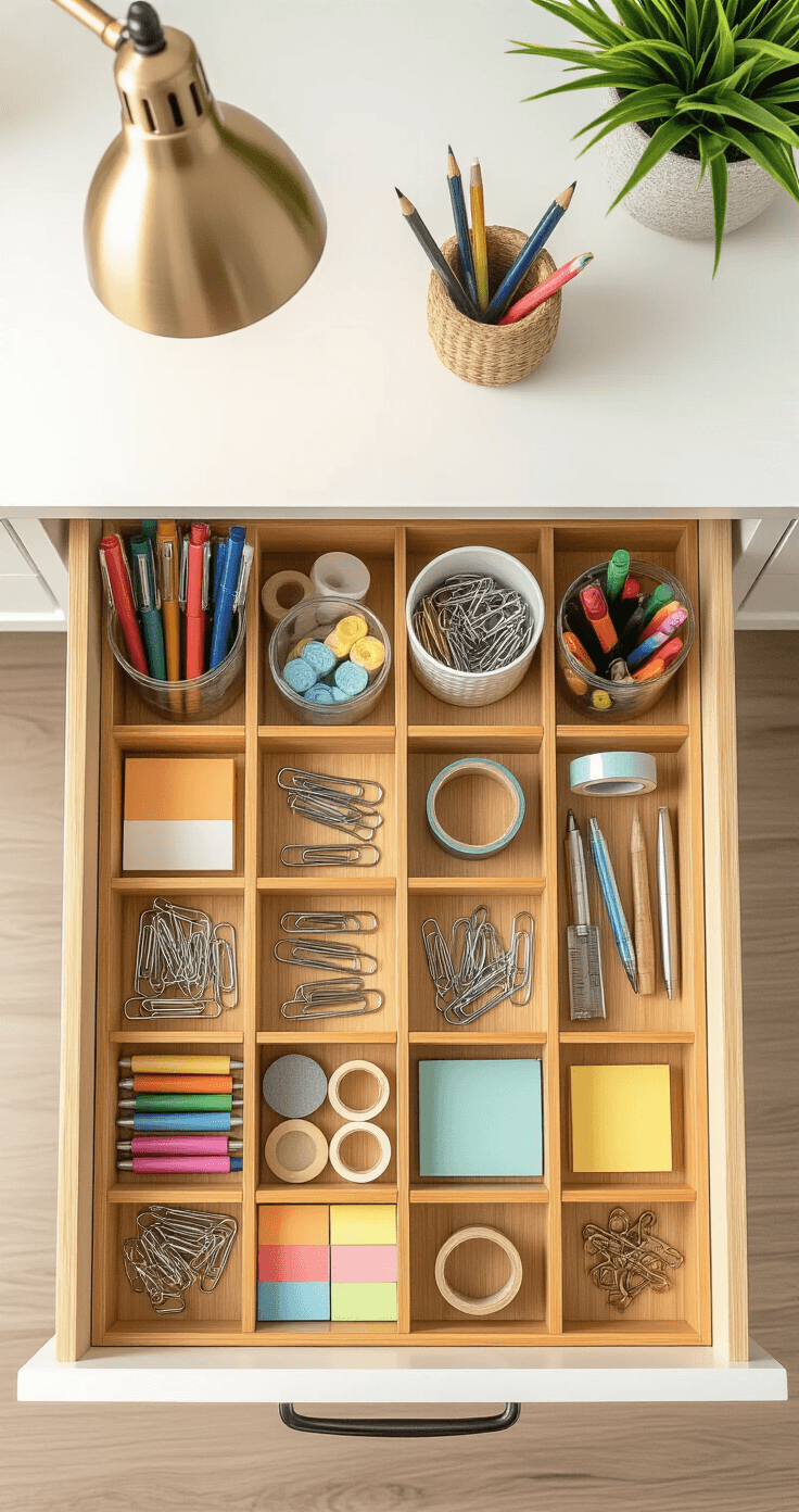 An overhead view of an organized drawer featuring bamboo adjustable dividers, neatly holding office supplies like pens, paper clips, sticky notes, and a tape dispenser in a white drawer interior, illuminated by warm desk lamp lighting.