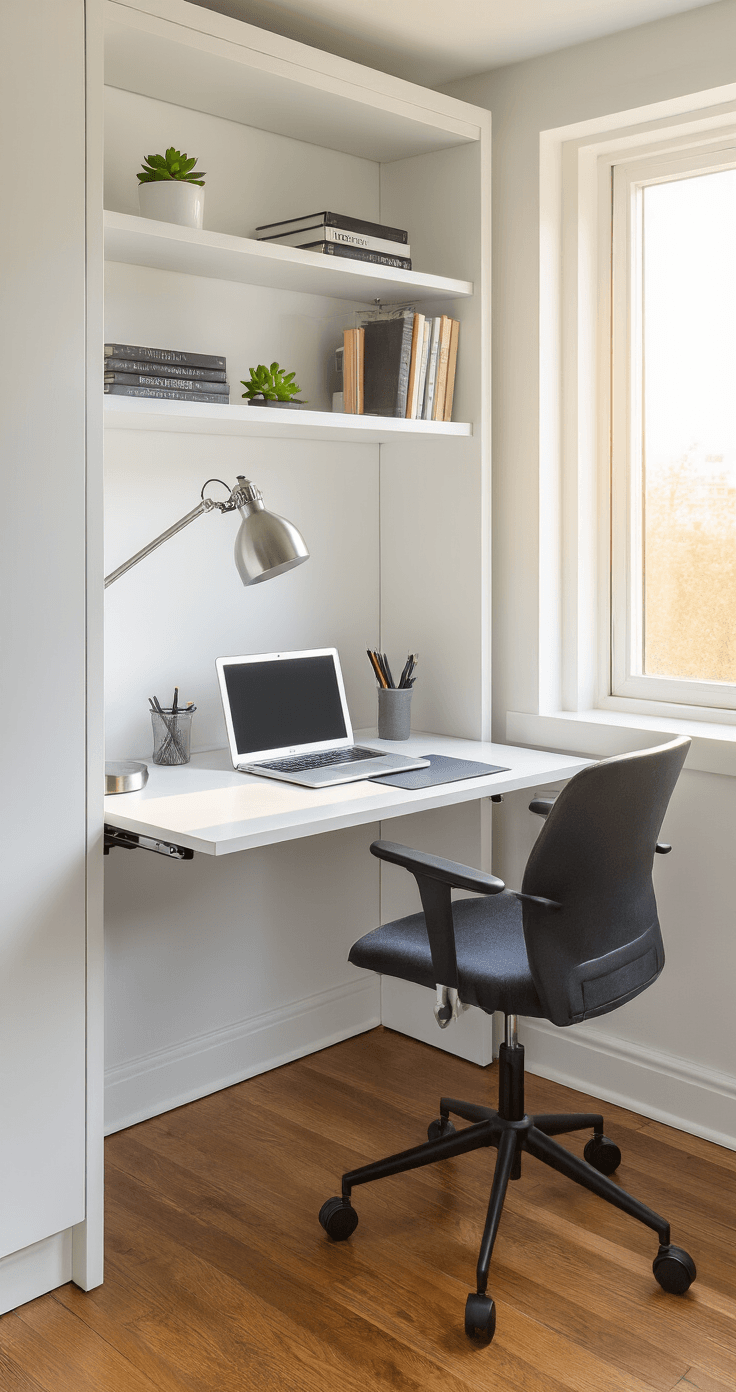 Cinematographic interior shot of a modern 10x10 ft home office featuring a white Murphy bed desk combo in the up position, warm golden hour light streaming through a window, highlighting a sleek wall-mounted desk with a laptop, lamp, and decorative elements, all captured with sharp focus on the workspace details.