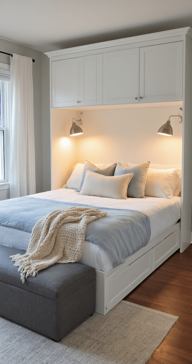 Cinematographic interior shot of a cozy guest bedroom with a Murphy bed in the down position, showcasing crisp white bedding and soft blue accents, illuminated by warm ambient lighting, with hardwood floors partially covered by a neutral rug and a storage ottoman at the foot of the bed.