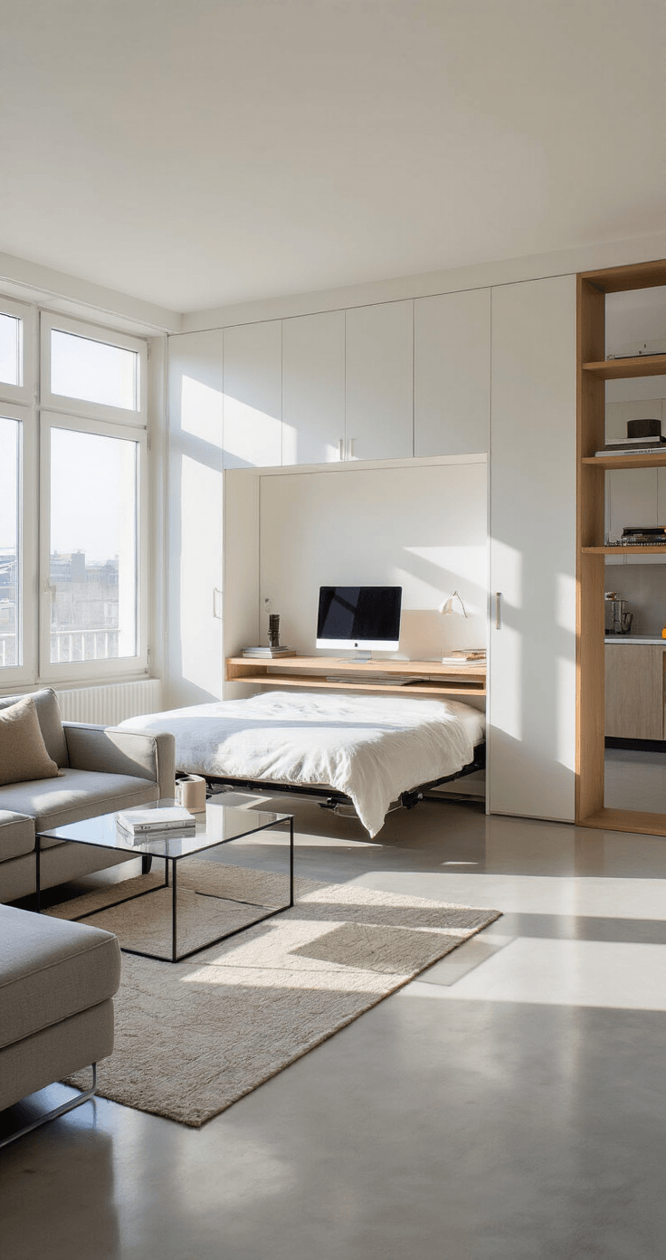 A bright and modern studio apartment featuring a Murphy bed desk along the wall, polished concrete floors, and abundant natural light, showcasing a minimalist workspace, compact sectional sofa, and kitchen area with white cabinets, captured in a wide-angle shot.