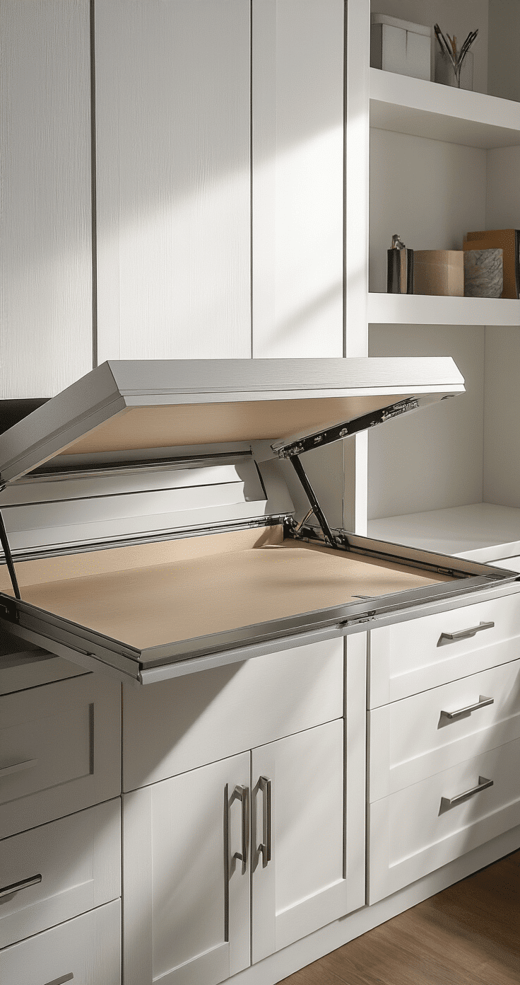 Detailed shot of a Murphy bed desk mechanism in transformation, showcasing soft-close hinges and pivot points, framed by sleek cabinetry. Late afternoon side lighting emphasizes engineering precision and craftsmanship, with subtle shadows highlighting metal components. Out-of-focus floating shelves in the background add context to the premium-quality scene.