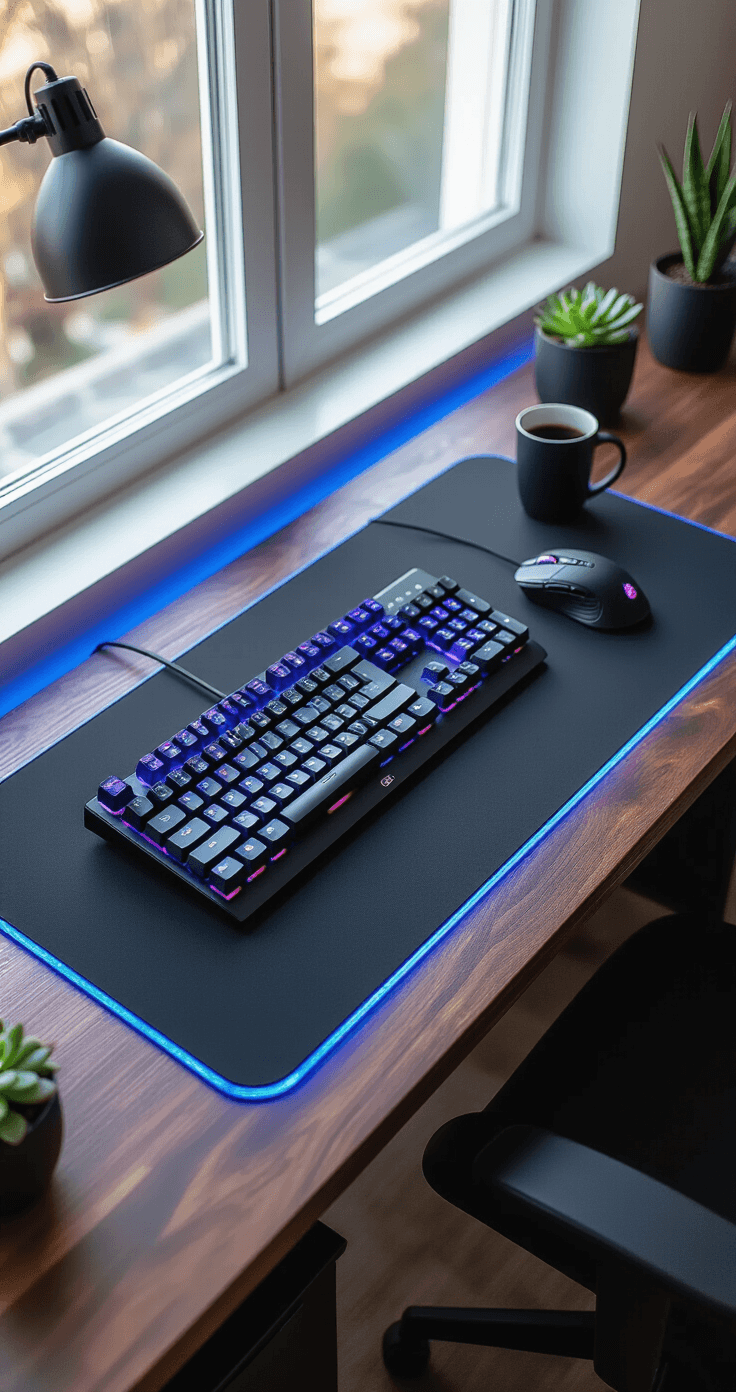 Photorealistic overhead view of a sleek gaming desk setup featuring a large black RGB desk mat with blue LED edge lighting on a dark walnut wood desk, illuminated by soft evening light. A mechanical gaming keyboard and precision mouse are centered on the mat, complemented by a minimalist black desk lamp, a succulent plant, and a matte black coffee mug, creating a sophisticated yet energetic mood.