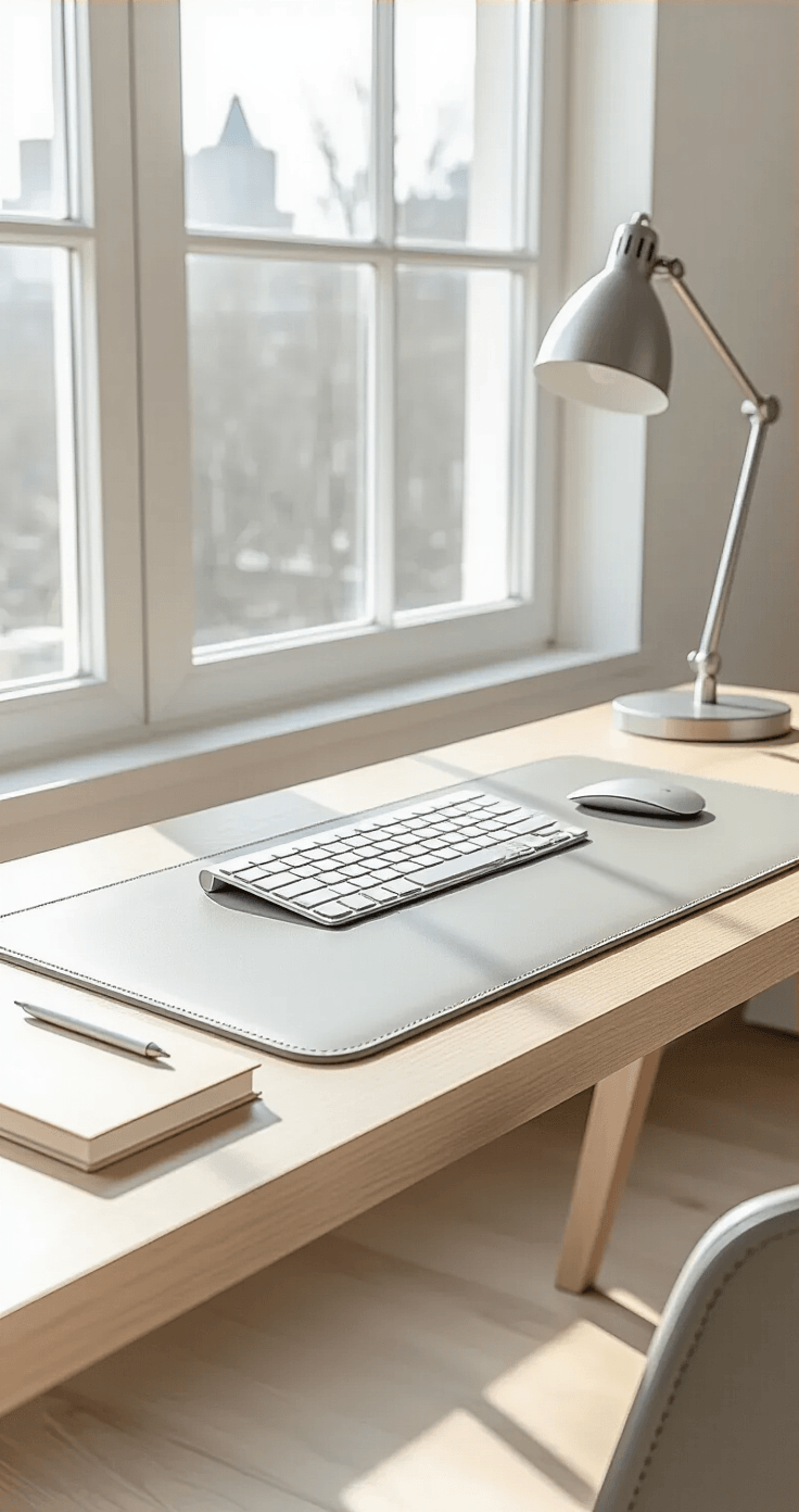 Photorealistic minimalist workspace featuring a light gray leather desk mat and space gray wireless keyboard and mouse on a white oak desk, illuminated by morning light from north-facing windows, with a brushed aluminum desk lamp and a small notebook nearby, captured from a 45-degree angle.