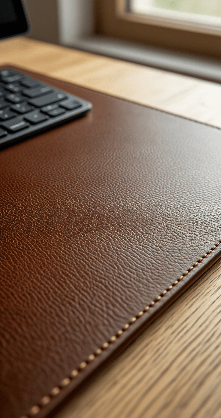 Photorealistic close-up of a premium leather desk mat in cognac brown, showcasing intricate texture, craftsmanship, and professional stitching, with soft natural light enhancing the rich details against a white oak desk. A high-end wireless keyboard corner adds scale to the luxurious scene.