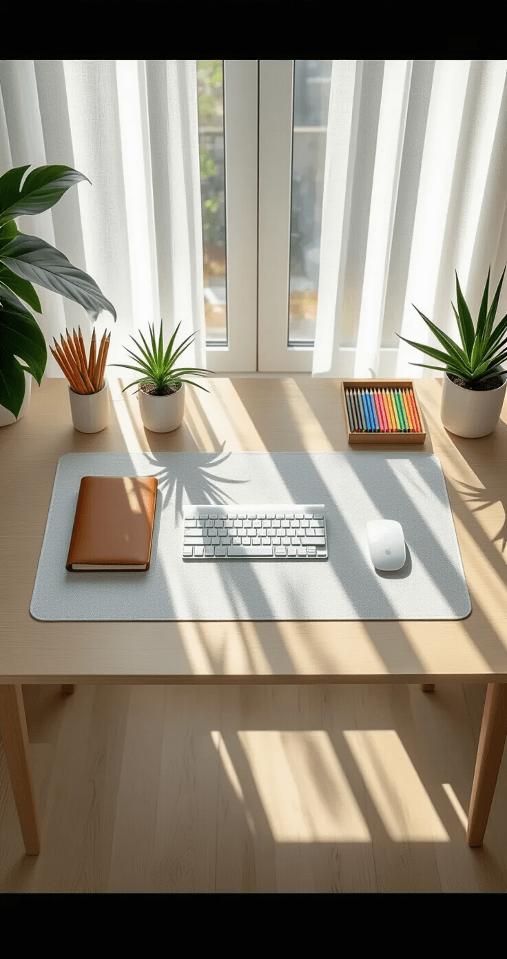 Photorealistic flat-lay of a bright, organized home office workspace featuring a white desk mat with geometric pattern, silver wireless keyboard, precision mouse, leather sketchbook, colored pencils, and a small air plant, bathed in natural daylight through sheer curtains.