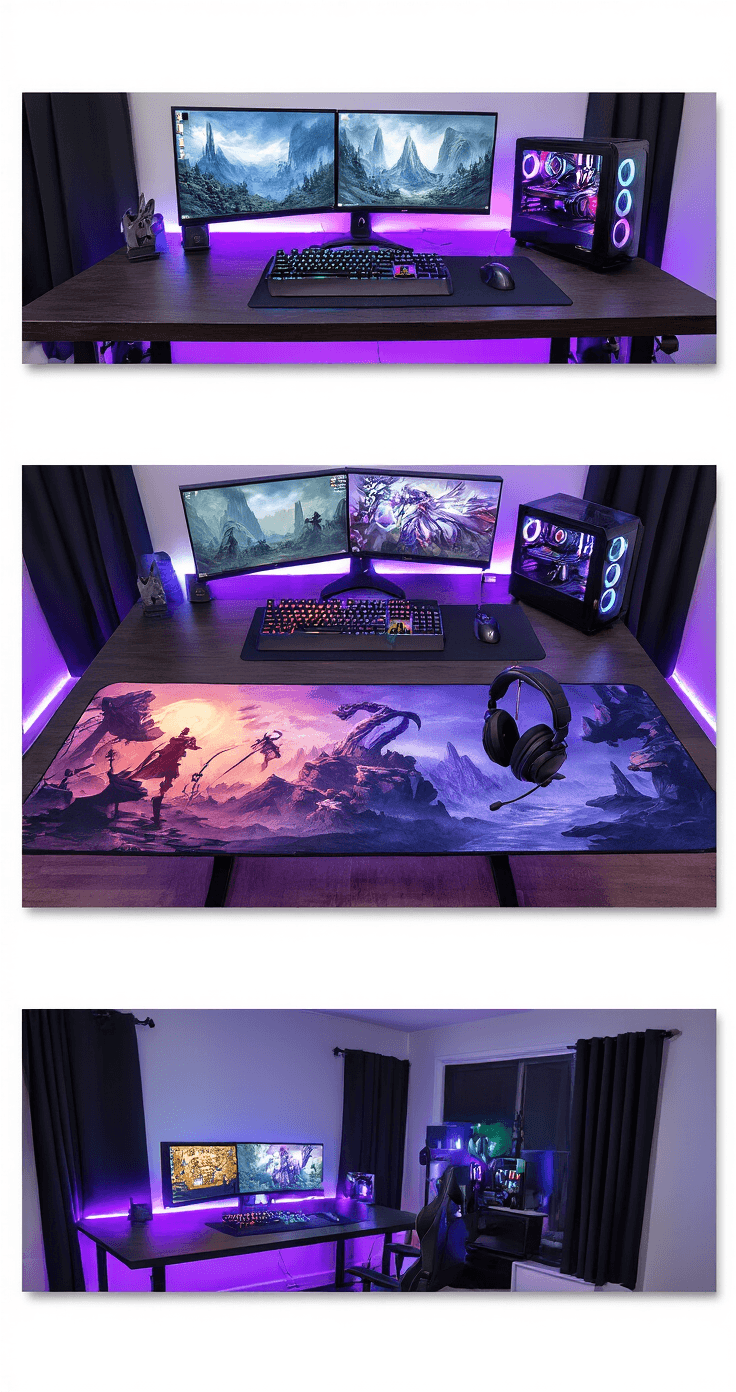 Photorealistic gaming battlestation at evening with purple and blue LED lighting, featuring large desk mat with custom fantasy artwork, dual monitors, RGB mechanical keyboard, precision mouse, and headset stand on dark wood desk, all highlighted by accent lighting.