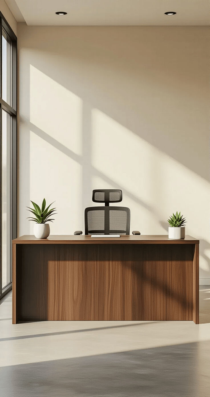 Photorealistic modern office entryway with a walnut laminate reception desk, black ergonomic chair, and sleek technology, featuring polished concrete floors and floor-to-ceiling windows.