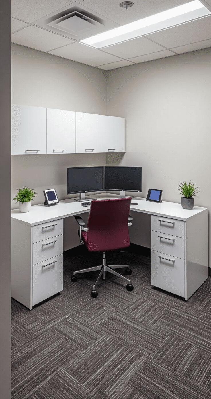Interior photograph of a compact corner office featuring a modern L-shaped reception desk in white lacquer, light gray walls, charcoal carpet tiles, and bright LED panel lighting, showcasing organized desk accessories, a dual-monitor setup, and a burgundy executive chair in a professional setting.
