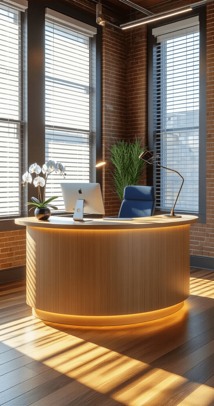 Sophisticated reception area with a curved bamboo desk, warm hardwood flooring, large windows letting in golden hour sunlight, a high-backed navy chair, and rich textures from exposed brick and metal fixtures.