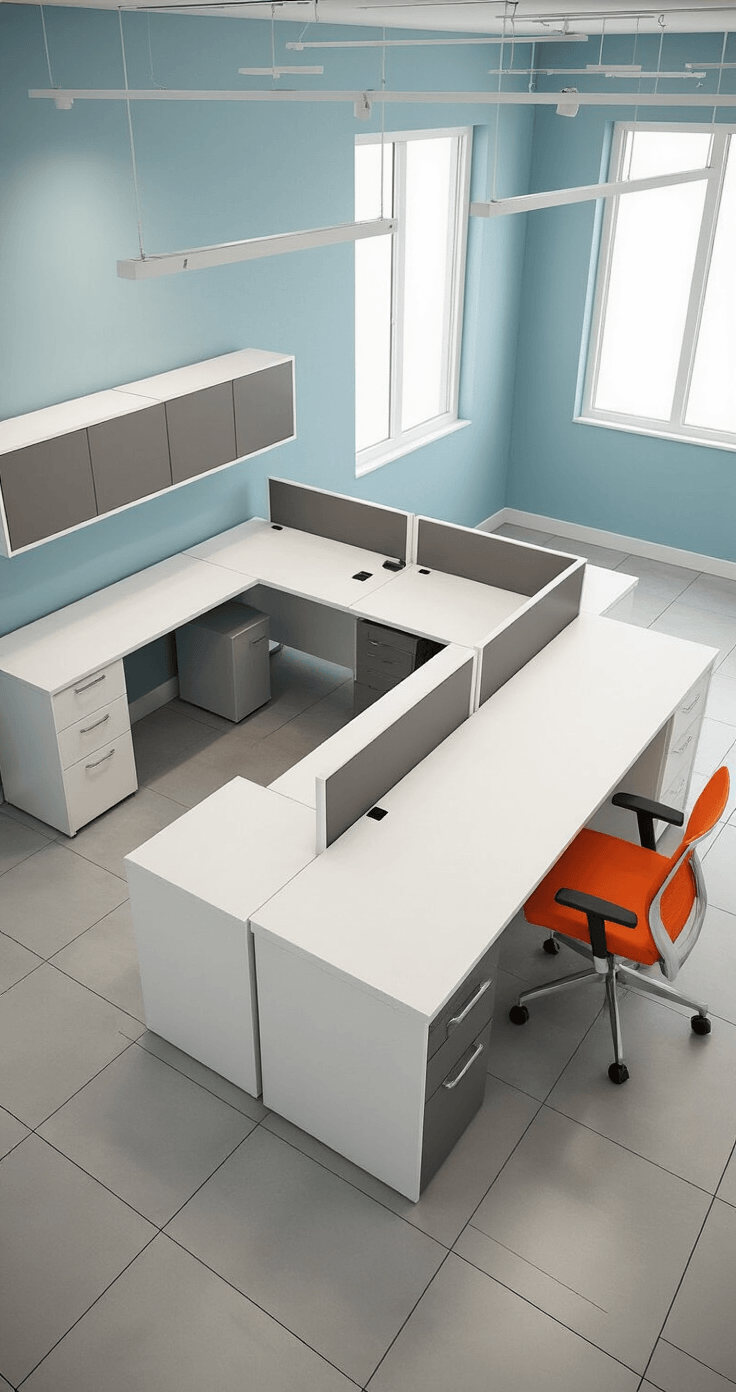 Contemporary small office interior featuring a dynamic modular reception desk system in white and gray, polished tile flooring, light blue accent walls, modern track lighting, and a bright orange task chair, viewed from above.