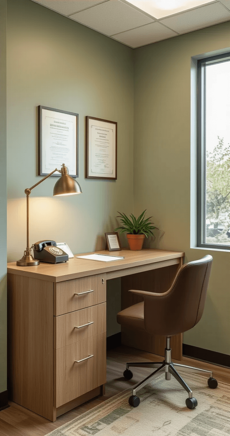 An intimate medical office reception area with a compact oak desk, sage green walls, and cozy lighting, featuring vintage decor, essential office items, and a comfortable rolling chair.