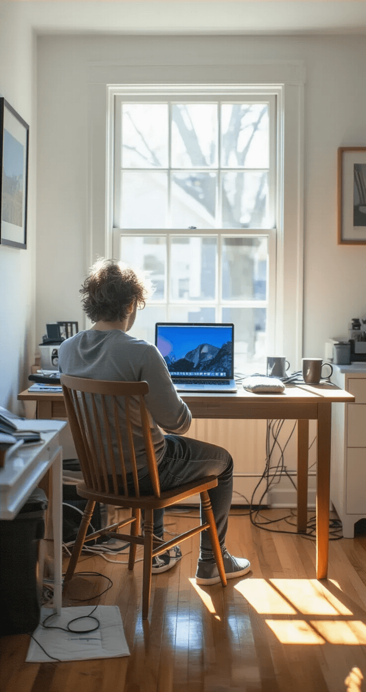A cluttered modern home office with poor ergonomics, showing a person hunched over a low table working on a small laptop. There's harsh sunlight causing screen glare, and the workspace features a dining chair with no lumbar support, tangled cables, and scattered papers, all under moody lighting highlighting discomfort.