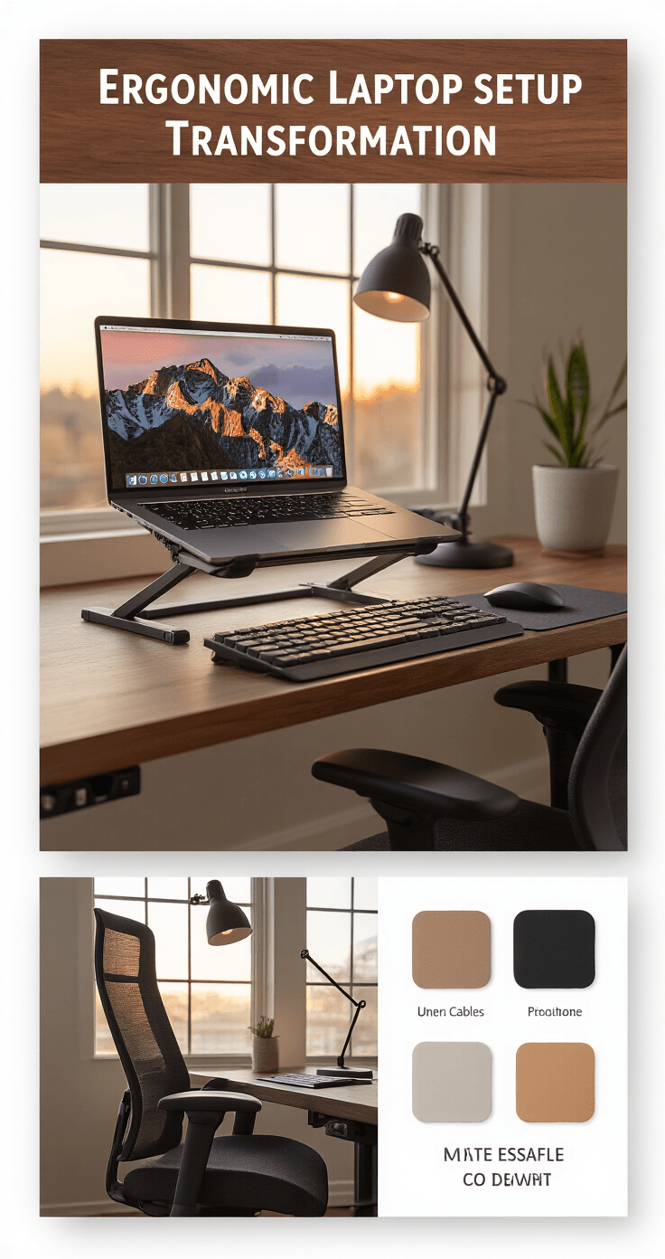 Close-up view of an ergonomic laptop setup on a walnut standing desk, featuring a MacBook on an aluminum stand, a low-profile mechanical keyboard, and a wireless mouse. The scene is warmly lit during golden hour, showcasing a high-back charcoal mesh office chair, organized cables, and a matte black desk lamp.