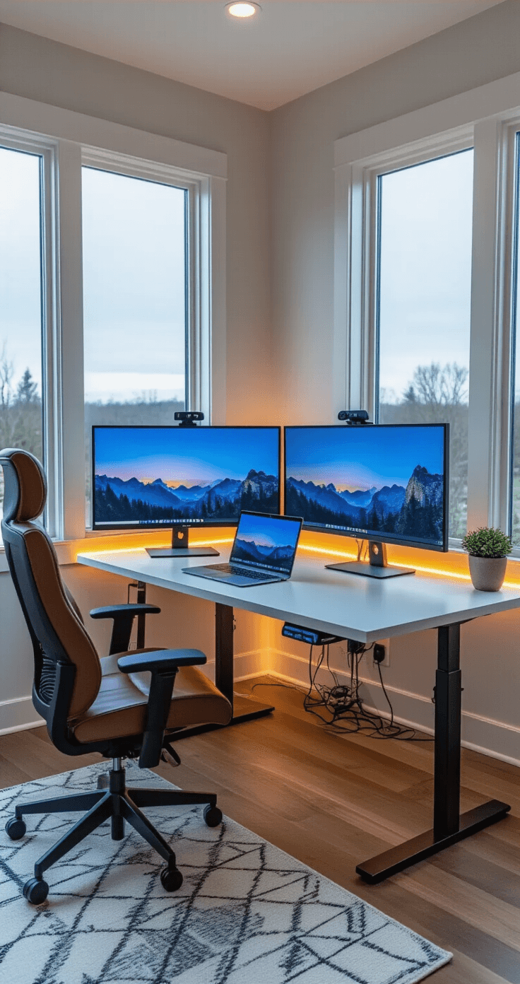 Panoramic view of a modern command center with a dual monitor setup in a spacious home office, featuring floor-to-ceiling windows, warm LED lighting, and an organized minimalist design.