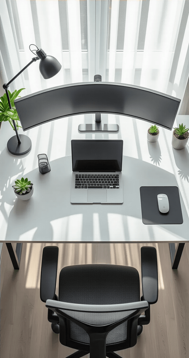 Overhead shot of a minimalist workspace featuring a large curved monitor on a white desk, a laptop in a vertical stand, wireless peripherals, and a single desk lamp, with natural light filtering through sheer curtains, a premium ergonomic chair, and limited desk accessories including a small succulent and pen holder, all in a monochromatic color scheme.
