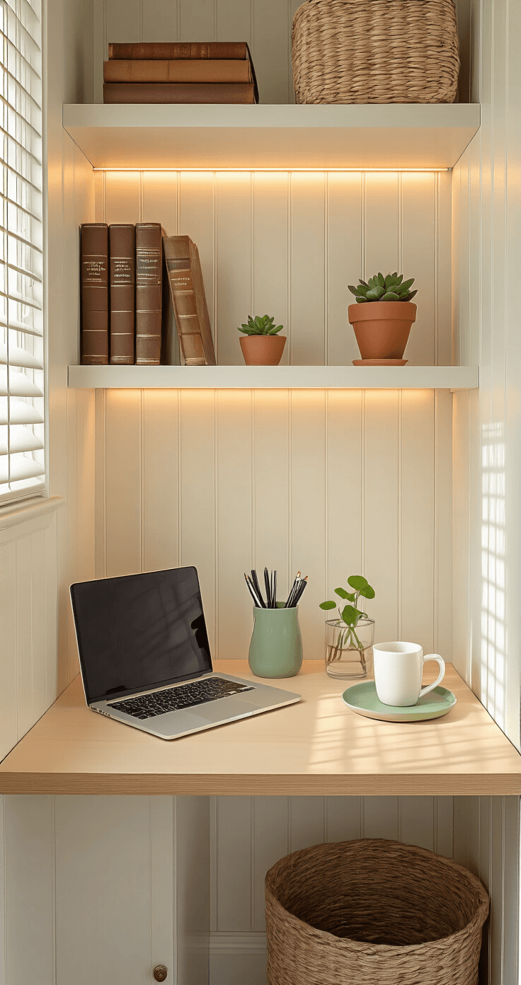 A compact cloffice setup in a reach-in bedroom closet, featuring a warm white floating plywood desk with a MacBook, pen holder, pothos cutting, and coffee mug, illuminated by golden hour light. The back wall is adorned with cream beadboard wallpaper, and floating shelves display books, a succulent, and a basket. An ergonomic charcoal chair is positioned in front, while LED strip lights provide a soft glow. Bi-fold doors are partially open, framing the cozy workspace.