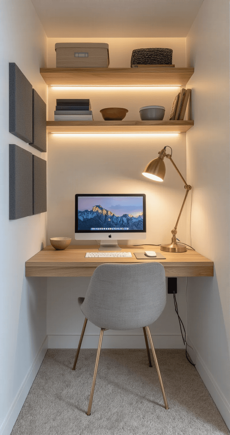 Interior shot of a converted hall closet office featuring layered evening lighting, including a brass desk lamp, LED strip lights, and a softbox for video calls, with a tidy workspace and acoustic panels.