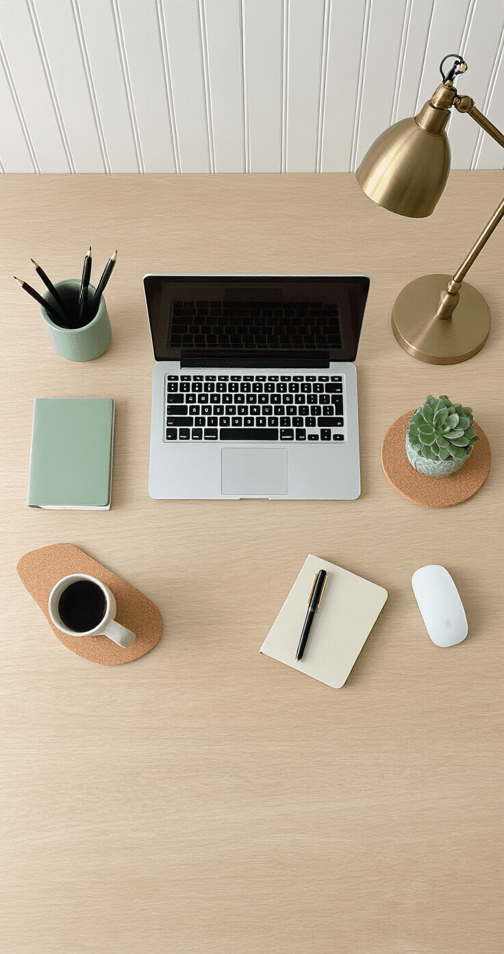 Styled flat lay of a cloffice desktop featuring a light oak floating desk with work essentials like an open laptop, sage green pen holder, ceramic succulent planter, brass desk lamp, wireless mouse, moleskine notebook, and a coffee mug, all arranged in odd-numbered groupings against a textured beadboard background.