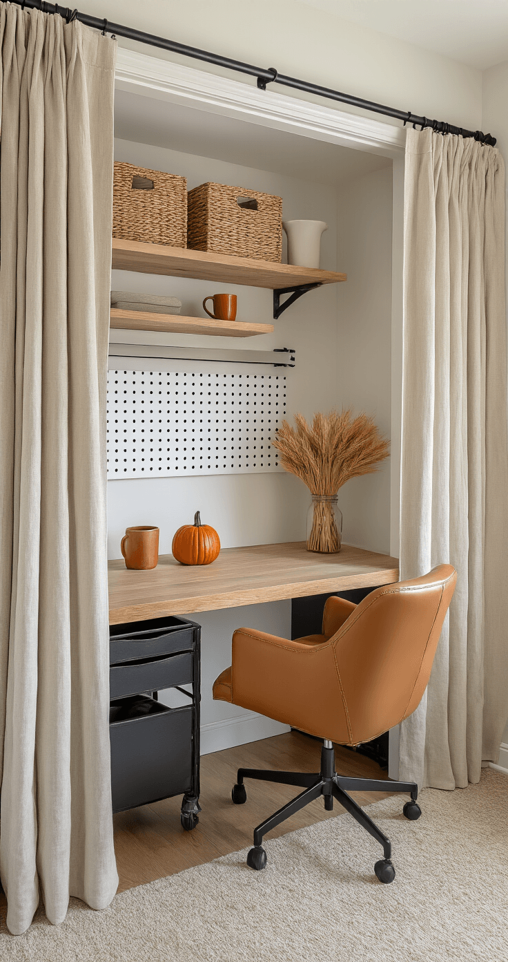 Wide angle interior view of a transformed cloffice showcasing a closet replaced with natural linen curtains, featuring vertical storage solutions, seasonal fall decor, and an ergonomic chair, all illuminated by natural light in a warm-toned white room.