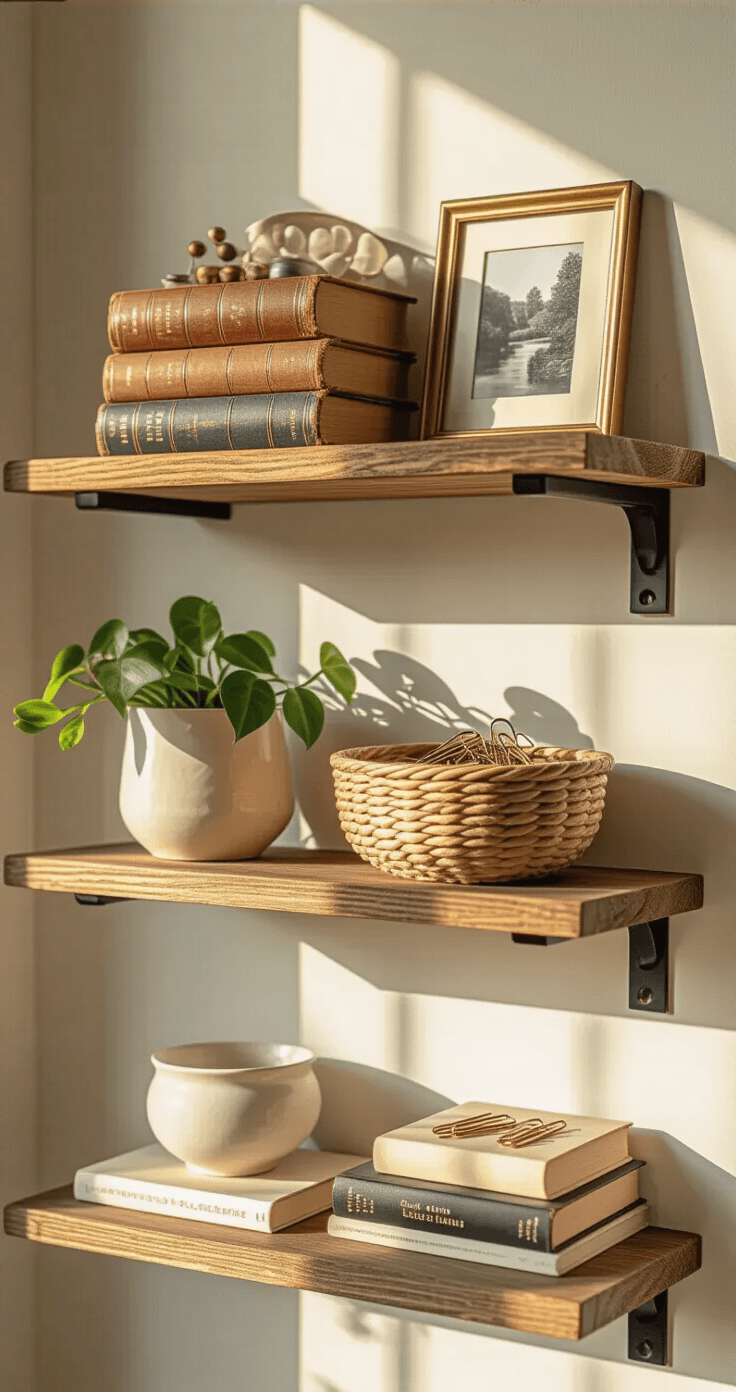 Styled shelf vignette capturing a curated collection of vintage books, a brass picture frame, and a white ceramic bowl during golden hour, featuring natural textures and soft backlighting.