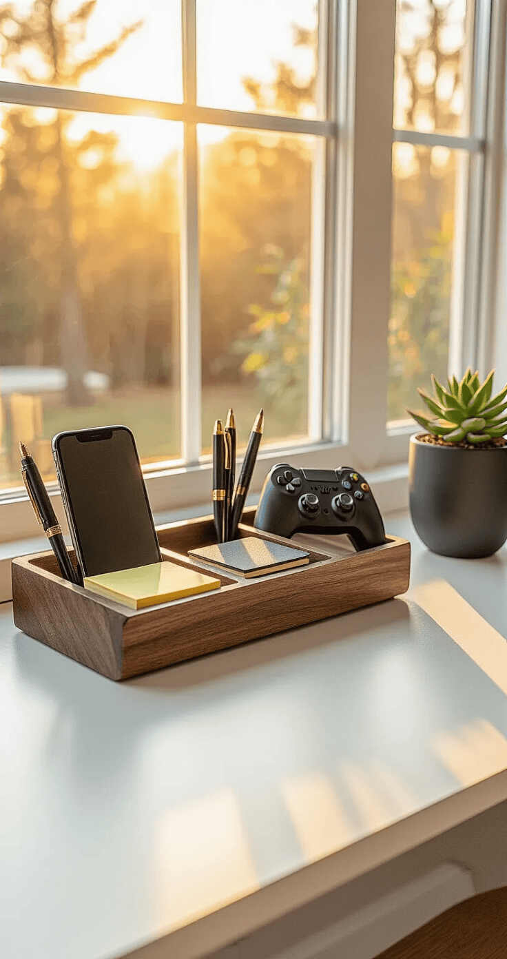 Wide-angle photograph of a modern home office workspace featuring a custom dark walnut wooden desk organizer with compartments for an iPhone, pens, sticky notes, a Moleskine notebook, and a gaming controller, illuminated by golden hour light from a large window, surrounded by a small succulent, a steaming coffee mug, wireless keyboard and mouse, and a modern monitor in soft focus.