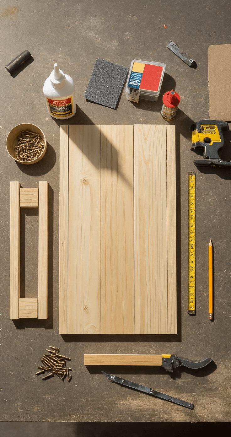 Overhead flat lay of a DIY desk organizer build process featuring pre-cut pine wood pieces, essential tools including wood glue, sandpaper, measuring tape, and bar clamps, all arranged on a clean white butcher block workbench illuminated by natural north-facing light.