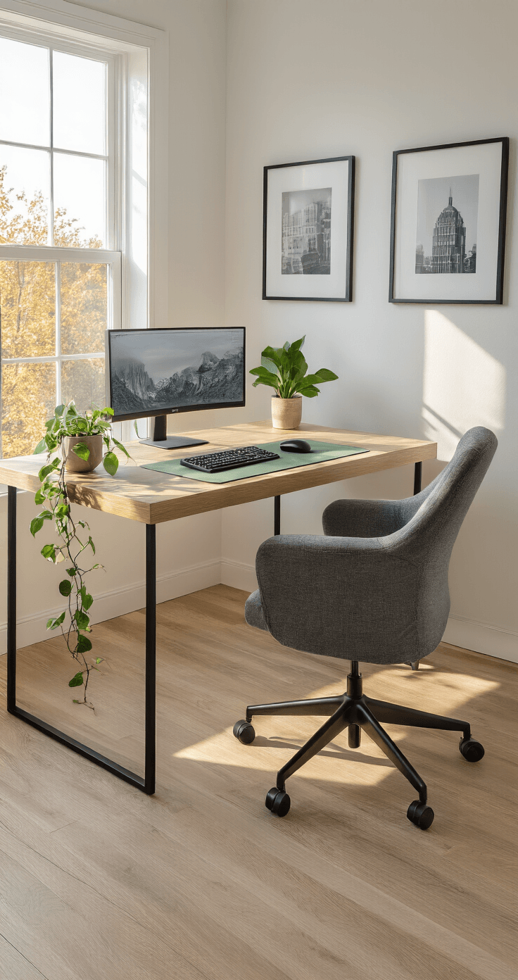 A photorealistic 27-inch home office setup in a 10x12 foot room featuring white walls, light oak hardwood floors, and golden hour sunlight. The scene includes a 48-inch light oak desk with a mounted monitor, ergonomic charcoal grey chair, and a muted sage green desk mat. Cozy minimalism is highlighted by a trailing pothos plant, two black-framed prints on the wall, and a white pen holder, with all cables hidden. The angle captures the warm 2700K ambiance from natural and LED lighting.