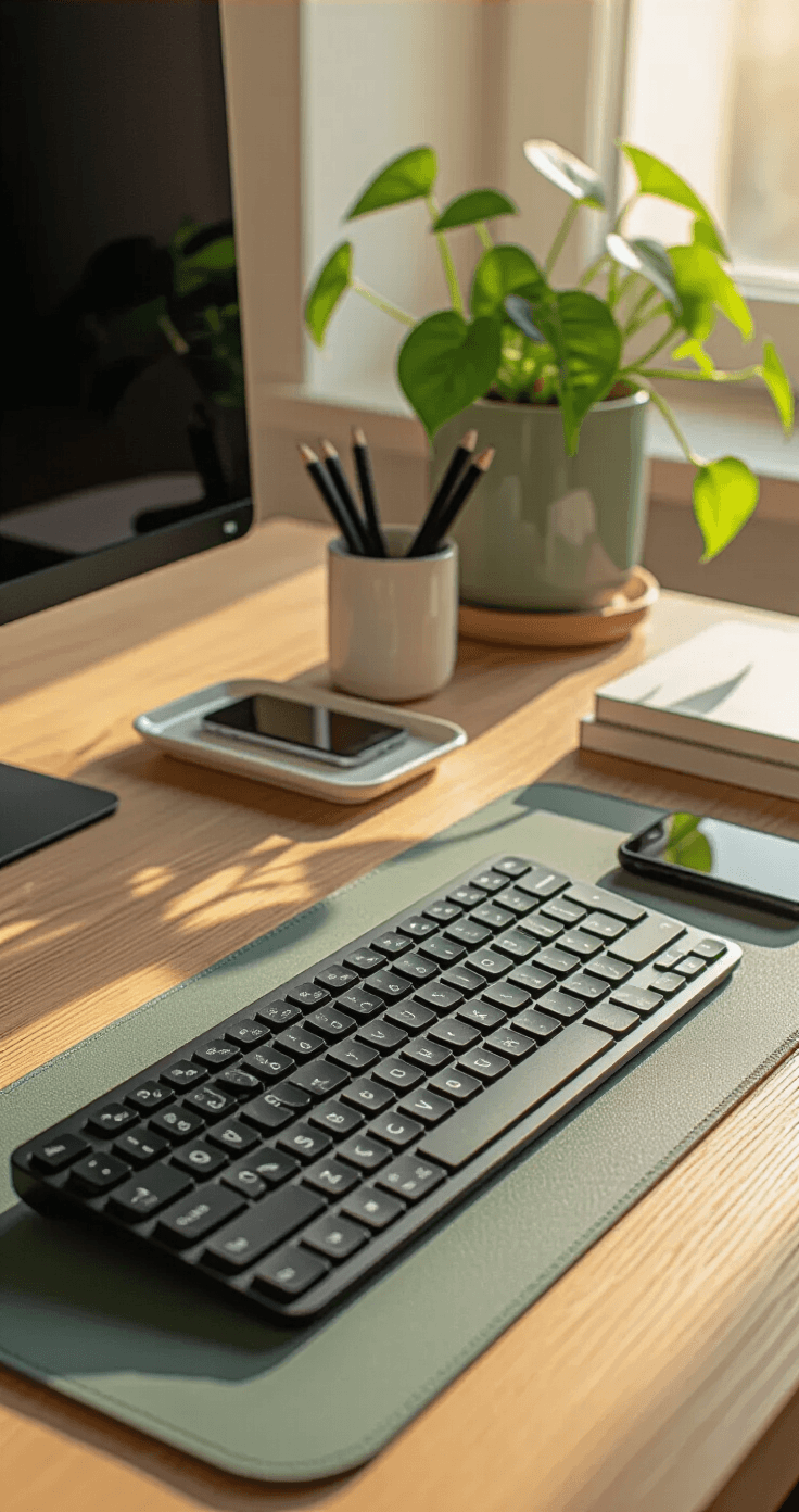 Close-up of a light oak desk featuring a matte black wireless keyboard on a muted sage green mat, with a trailing pothos plant in a ceramic pot, a white pen holder with four black pens, and stacked minimalist notebooks, all bathed in warm golden hour light, with a blurred 27-inch monitor in the background.