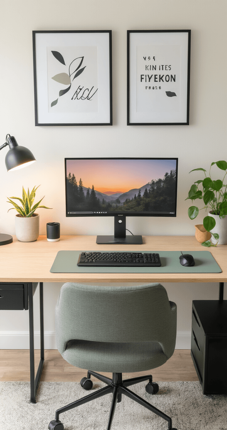 Cozy minimal desk setup featuring a light oak desk, a 27-inch monitor, a pothos plant, and a desk lamp, against a warm white wall with abstract art, all bathed in afternoon light.