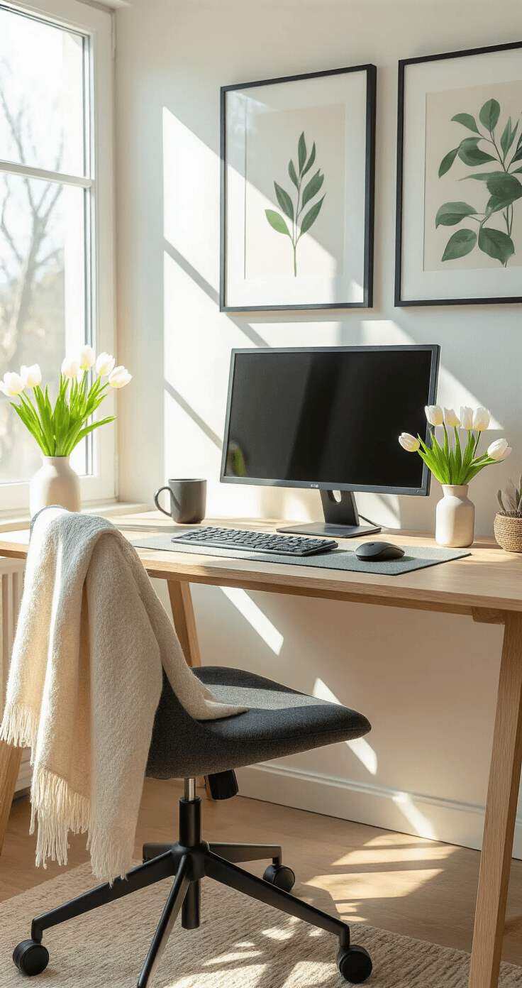 A bright, spring-inspired minimal workspace featuring a core oak desk with a charcoal chair, illuminated by morning sunlight. The setup includes a 27-inch monitor, black peripherals, and a sage desk mat, complemented by a small glass vase of white tulips, a light cream throw on the chair, colorful wall art in black frames, a vibrant pothos plant, and a ceramic dish with river stones.