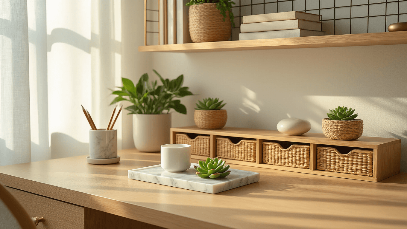 A neatly organized home office desk with a natural oak surface, featuring bamboo drawer dividers, a marble tray with a white ceramic pen cup and jade succulent, and floating shelves adorned with books and plants, all bathed in warm golden hour lighting.