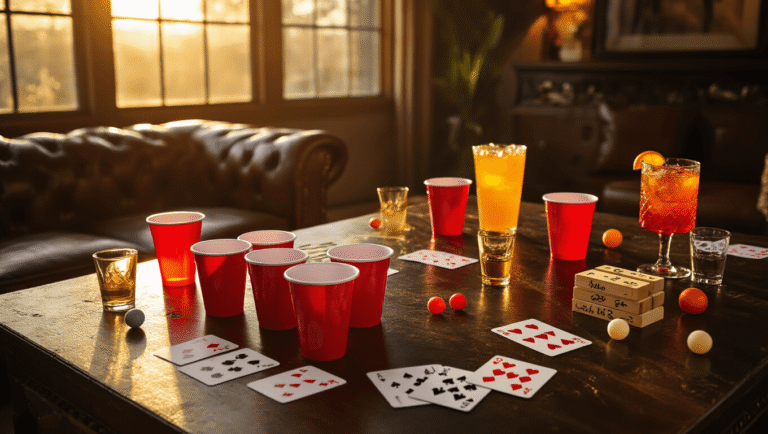 Elegant entertainment setup featuring beer pong cups, playing cards, and cocktails on a dark wooden table, illuminated by warm golden hour light in a modern living room.
