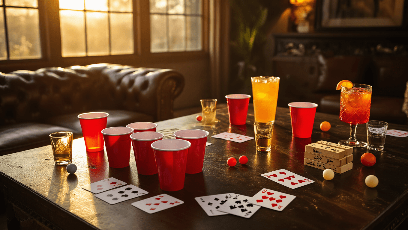 Elegant entertainment setup featuring beer pong cups, playing cards, and cocktails on a dark wooden table, illuminated by warm golden hour light in a modern living room.