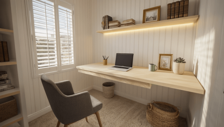 Cloffice transformation featuring a warm white floating plywood desk with MacBook and sage pen holder, set against cream beadboard wallpaper and illuminated by golden hour light, showcasing a cozy and organized workspace.