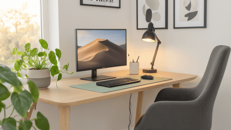 Cozy minimal desk workspace with light oak desk, ergonomic charcoal chair, sage green mat, and warm golden hour lighting, featuring a mounted monitor, trailing pothos plant, and black-framed abstract prints.