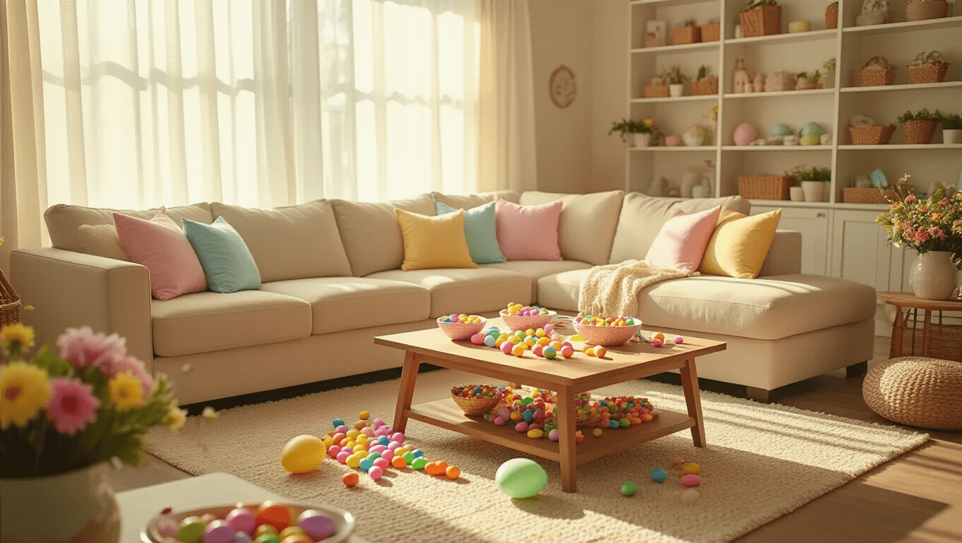 A cozy living room filled with warm sunlight, featuring a beige sectional sofa with pastel Easter pillows, a rug decorated with colorful plastic eggs and game supplies, and a coffee table with jelly beans and craft materials, creating a festive atmosphere for family holiday games.