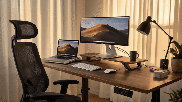 Ergonomic laptop desk setup featuring a MacBook on an aluminum stand, low-profile mechanical keyboard, wireless mouse, and dual monitors on a walnut standing desk, illuminated by golden hour light, with a charcoal mesh office chair and organized cable management.