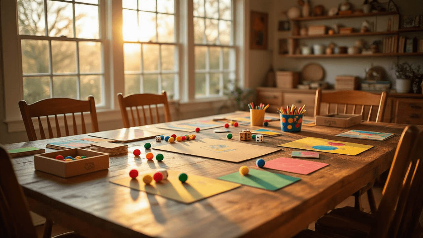 A cozy family dining room with a large farmhouse table covered in colorful homemade board game materials, including cardboard sheets, vibrant markers, dice, and pom-pom game pieces, illuminated by soft golden hour lighting. Cozy chairs surround the table, while built-in shelving in the background displays finished games.
