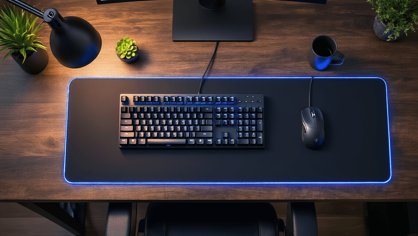 Photorealistic overhead shot of a sleek gaming desk setup with a large black RGB desk mat, blue LED edge lighting, mechanical keyboard, precision mouse, minimalist black desk lamp, succulent plant, and matte black coffee mug, all on a dark walnut wood surface, bathed in soft evening light.