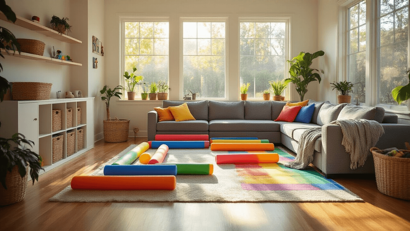 Cinematic wide shot of a bright, modern living room turned into a kids' obstacle course with foam pool noodles as hurdles, cozy blanket tunnels, rainbow tape patterns on the floor, and scattered cushions, all illuminated by warm afternoon sunlight.