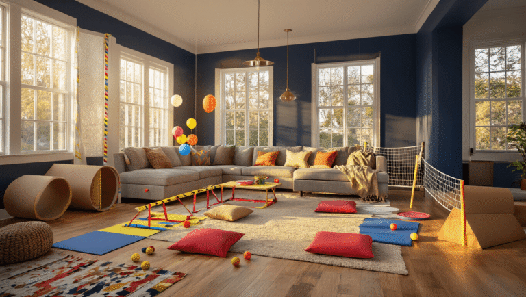 A modern living room transformed into a colorful indoor playground, featuring balance beams, obstacle stations with throw pillows, yoga mats, cardboard tunnels, and scattered foam balls, all under warm golden hour sunlight.