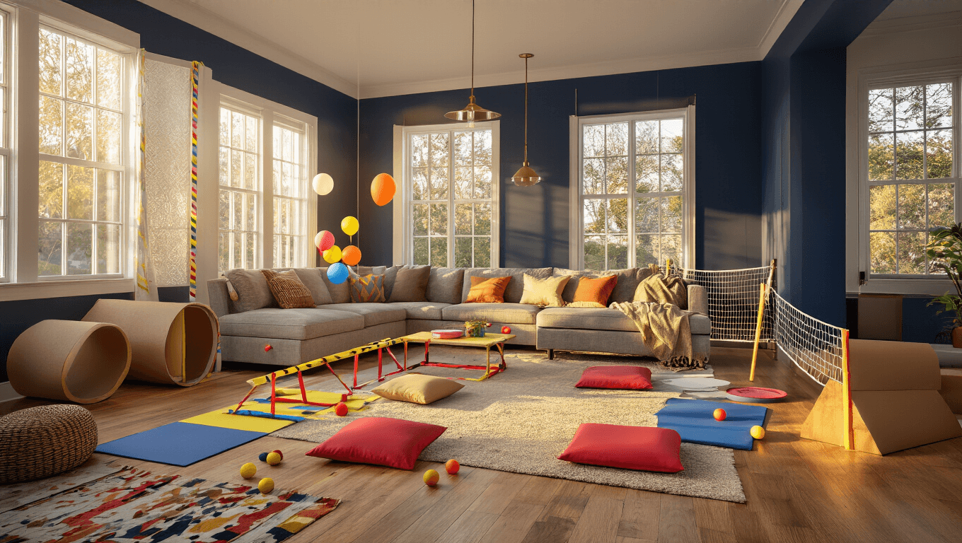 A modern living room transformed into a colorful indoor playground, featuring balance beams, obstacle stations with throw pillows, yoga mats, cardboard tunnels, and scattered foam balls, all under warm golden hour sunlight.